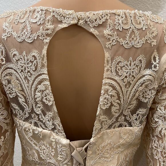 Wedding Dress Champagne Beige Boat Neck 3/4 Sleeve Corset Tie Back Midi - Picture 9 of 14